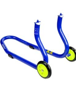 Caballete delantero Bihr para horquillas perforadas. Color azul y ruedas amarillas.