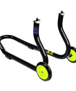 Caballete delantero Bihr para horquillas perforadas. Color negro y ruedas amarillas.