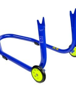 Caballete trasero Bihr con soportes en V para diábolos. Color azul y ruedas amarillas.